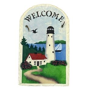 Vintage Welcome Lighthouse Wall Hanging Slate Handpainted Nautical 13.5x8.25 in